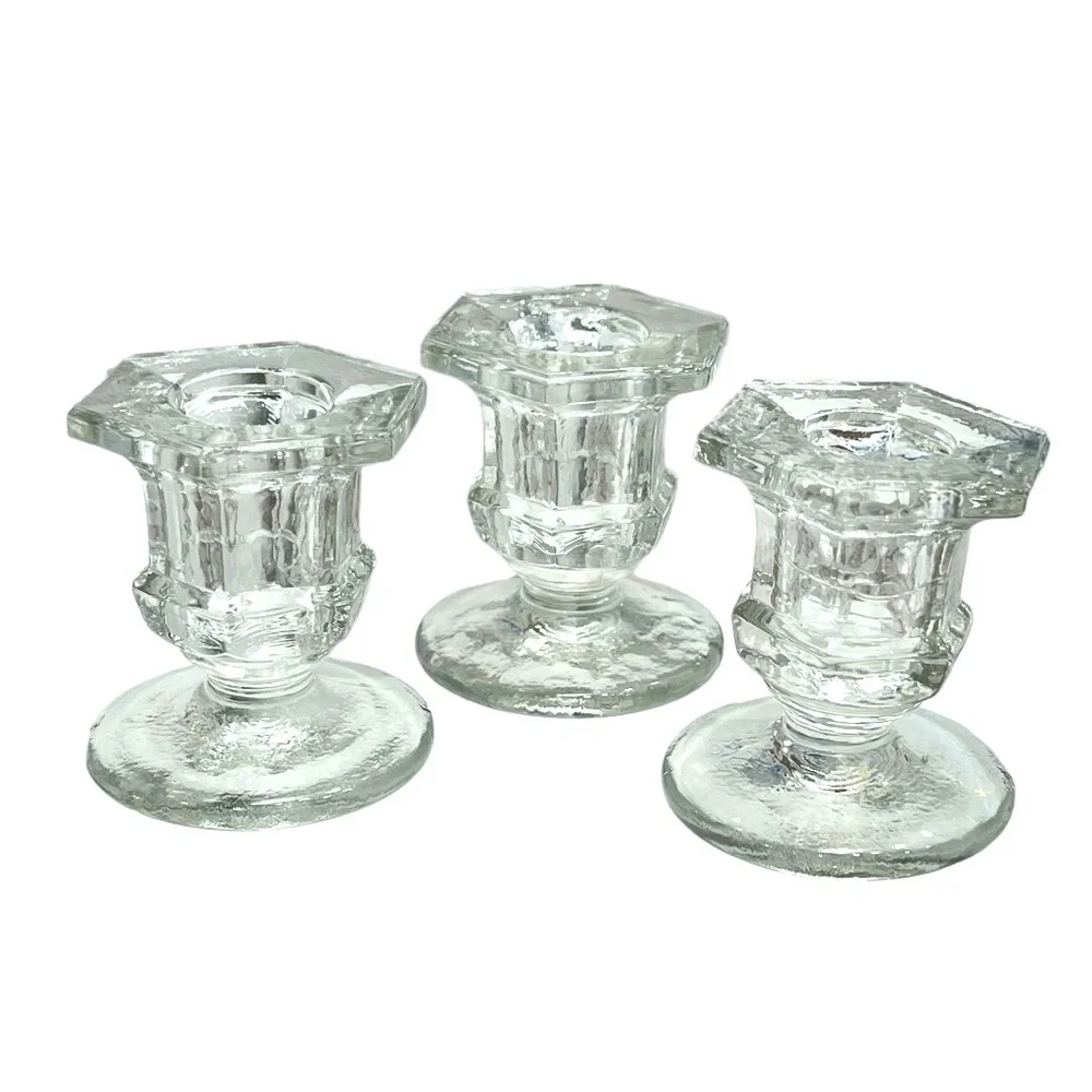 MOULDED/PRESSED CLEAR GLASS CANDLESTICKS - SET OF 3